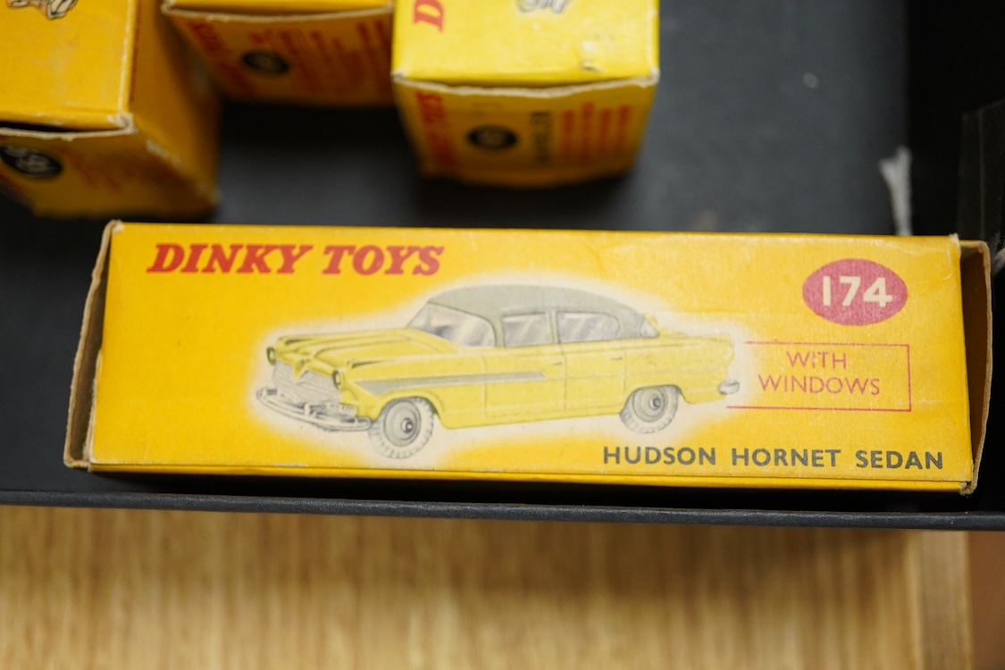 Six boxed Dinky Toys; Rolls-Royce Silver Wraith (150), Sunbeam Rapier Saloon (166), Studebaker Golden Hawk (169), Studebaker Land Cruiser (172), Hudson Hornet Sedan (174), and Rambler Cross Country Station Wagon (193)